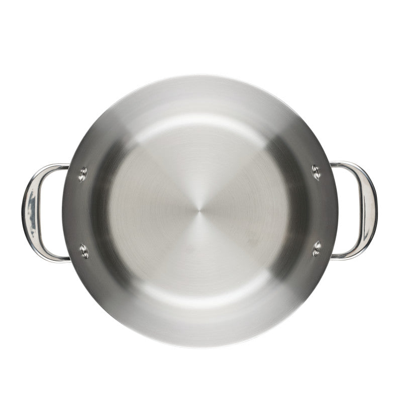 Overhead view of an empty, round Nouvelle Stainless 6.5-Quart Stockpot with two handles, set against a white background.