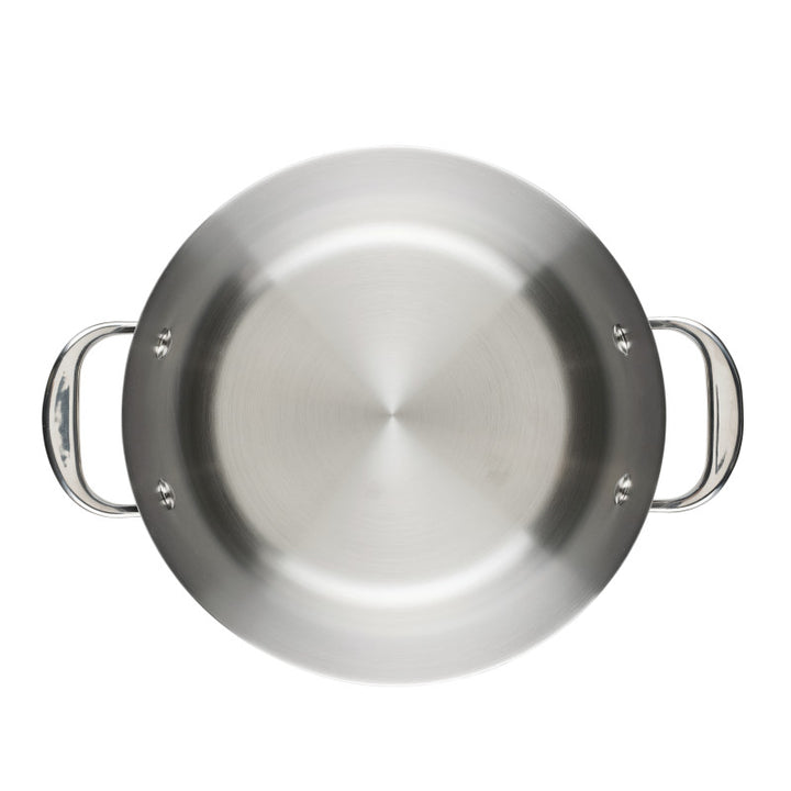 Overhead view of an empty, round Nouvelle Stainless 6.5-Quart Stockpot with two handles, set against a white background.
