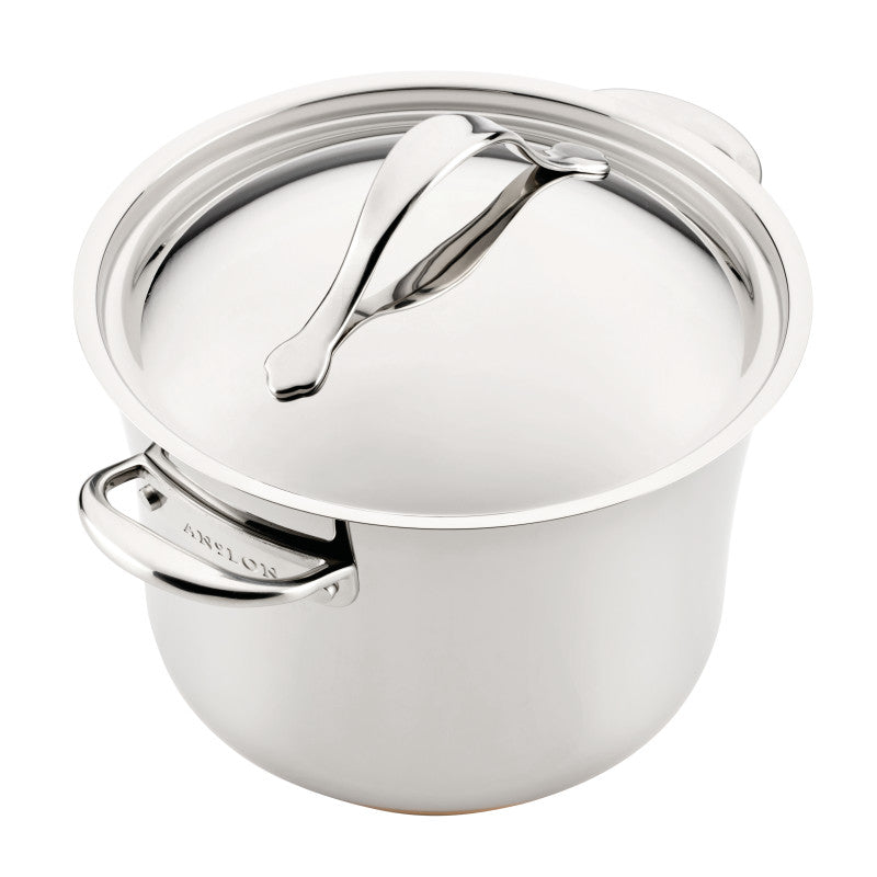 The Nouvelle Stainless 6.5-Quart Stockpot with Lid, featuring sturdy side handles, is shown on a white background.