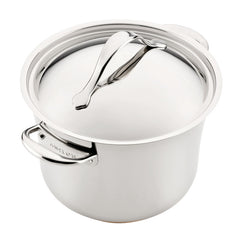 The Nouvelle Stainless 6.5-Quart Stockpot with Lid, featuring sturdy side handles, is shown on a white background.