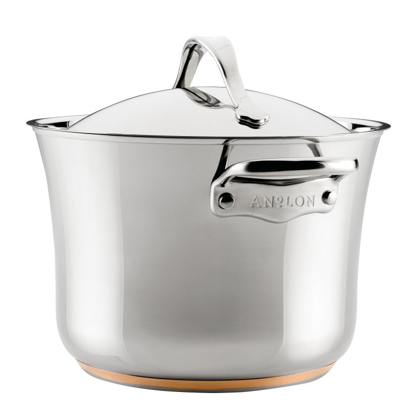 A close-up of the Nouvelle Stainless 6.5-Quart Stockpot with Lid highlights its premium design, reflecting the elegance found in top cookware collections.