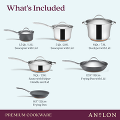 Discover exceptional nonstick performance with the Nouvelle Luxe 11-Piece Mixed Metals Cookware Set. It comes with a 1.5 qt saucepan with lid, a 3 qt saucepan with lid, an 8 qt stockpot with lid, a 3 qt sauté pan featuring a helper handle and lid, along with durable stainless steel frying pans in sizes of 12.5 and 8.5 inches.