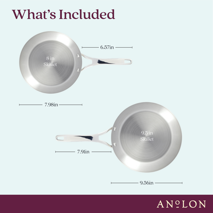 Image of two Nouvelle Stainless frying pans from the 8" & 9.5" Frying Pan Set, crafted in stainless steel. The set includes an 8-inch pan with a width of 7.98 inches and a handle length of 6.57 inches, alongside a 9.5-inch pan that has a width of 9.56 inches and a handle length of 7.91 inches.