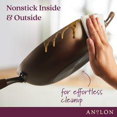 A hand wipes a spilled sauce off the bottom of a 12-Inch Hard Anodized Nonstick Stir Fry Pan. Text on the image reads "Nonstick Inside & Outside for effortless cleanup." The brand name Advanced Home is at the bottom.