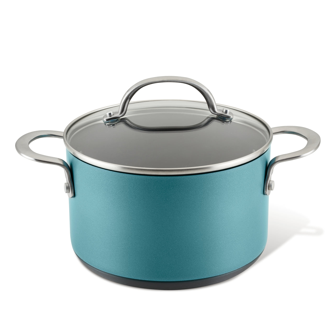 A teal-colored cooking pot with a glass lid and silver handles is displayed against a white background.