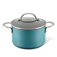 A teal-colored cooking pot with a glass lid and silver handles is displayed against a white background.