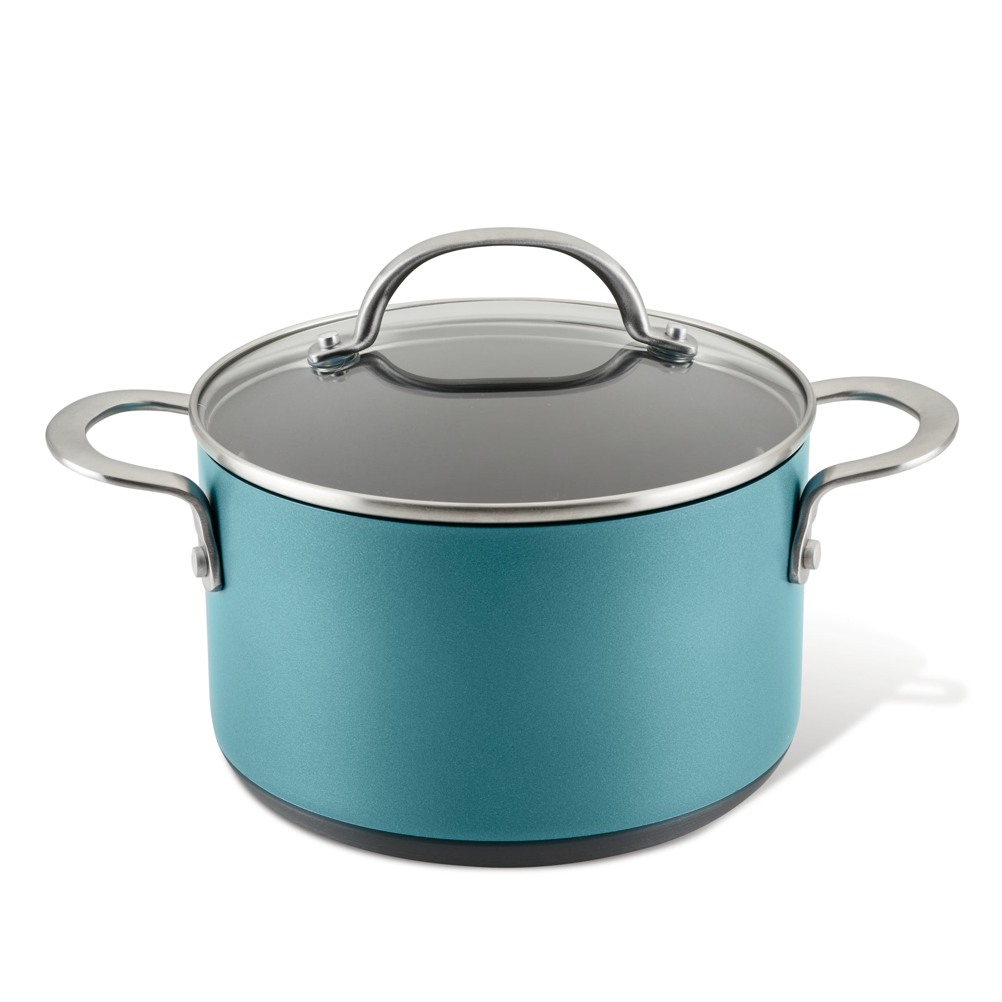 A teal-colored cooking pot with a glass lid and silver handles is displayed against a white background.