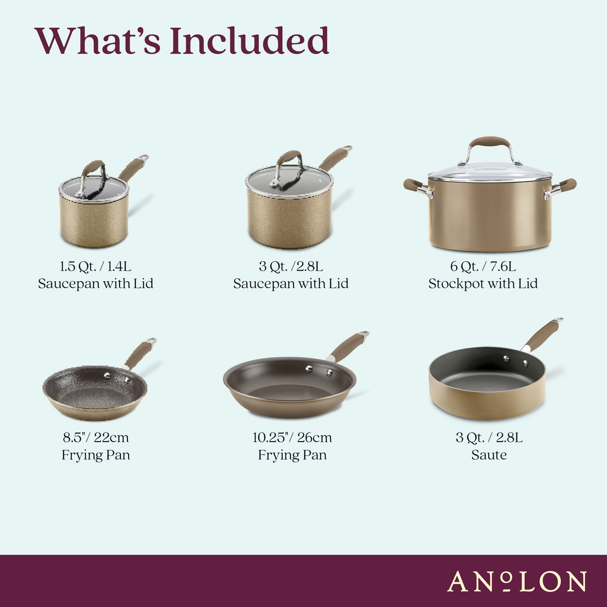 What's Included: 1.5- and 3-quart saucepans with lids, 6-quart stockpot with lid, 8.5- and 10.25-inch frying pans and 3-quart sauté, all in bronze