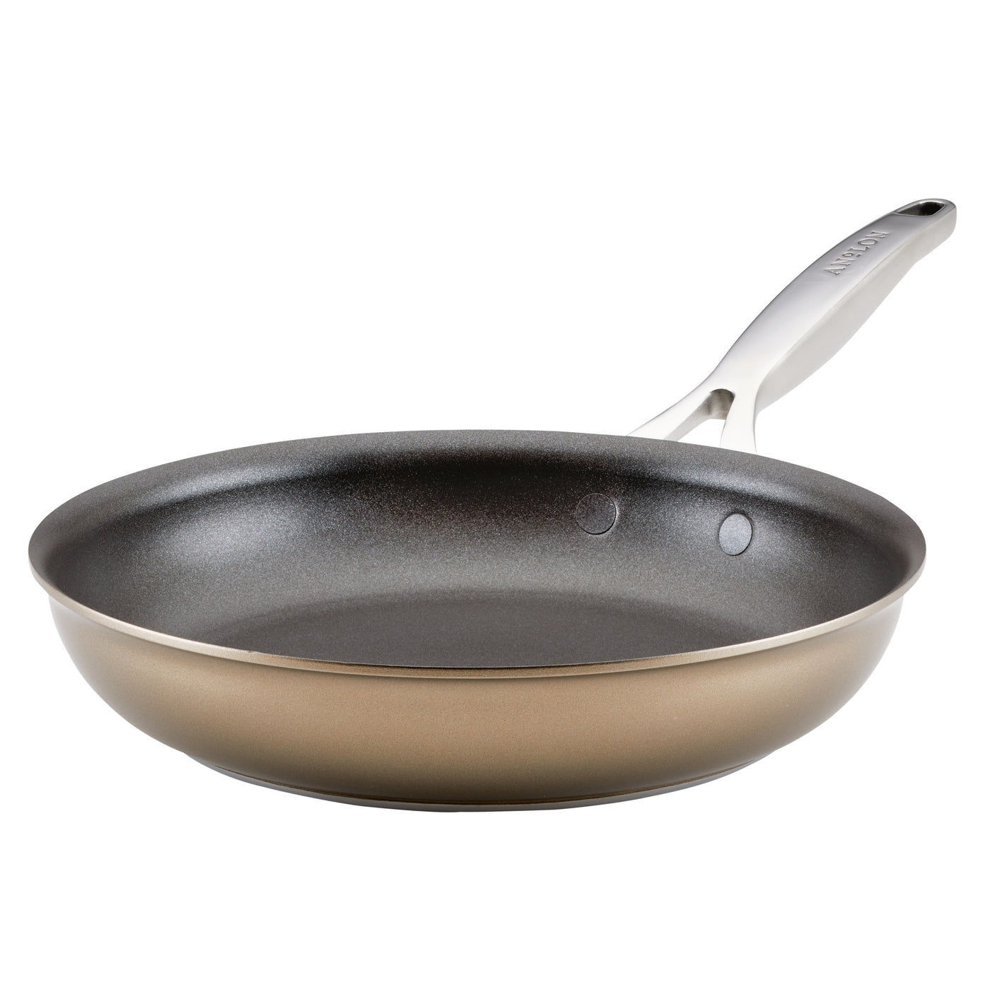 A non-stick frying pan with a metallic handle, shown from a side angle on a white background. The pan has a sleek, dark interior surface and a shiny, light brown exterior.