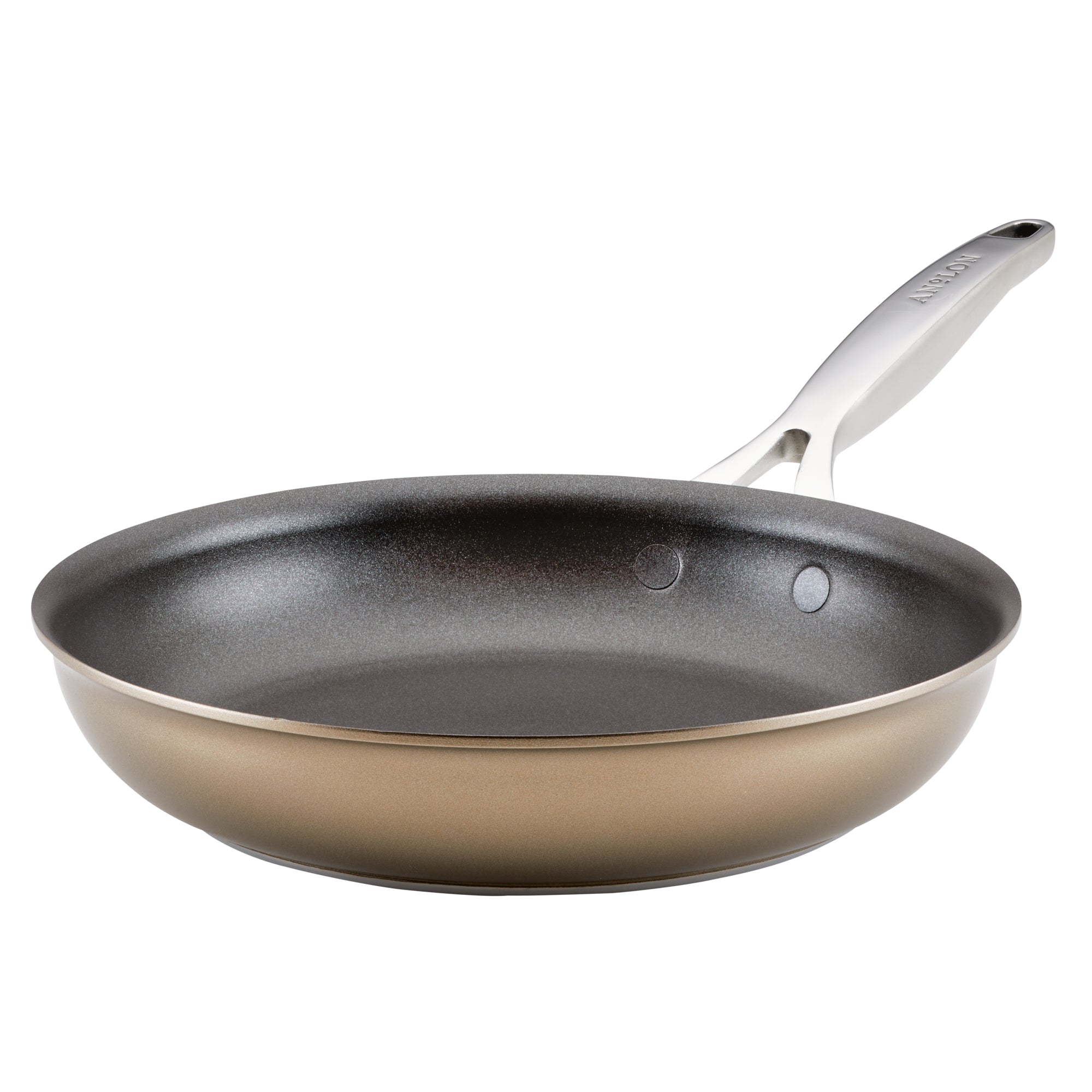 A non-stick frying pan with a metallic handle, shown from a side angle on a white background. The pan has a sleek, dark interior surface and a shiny, light brown exterior.