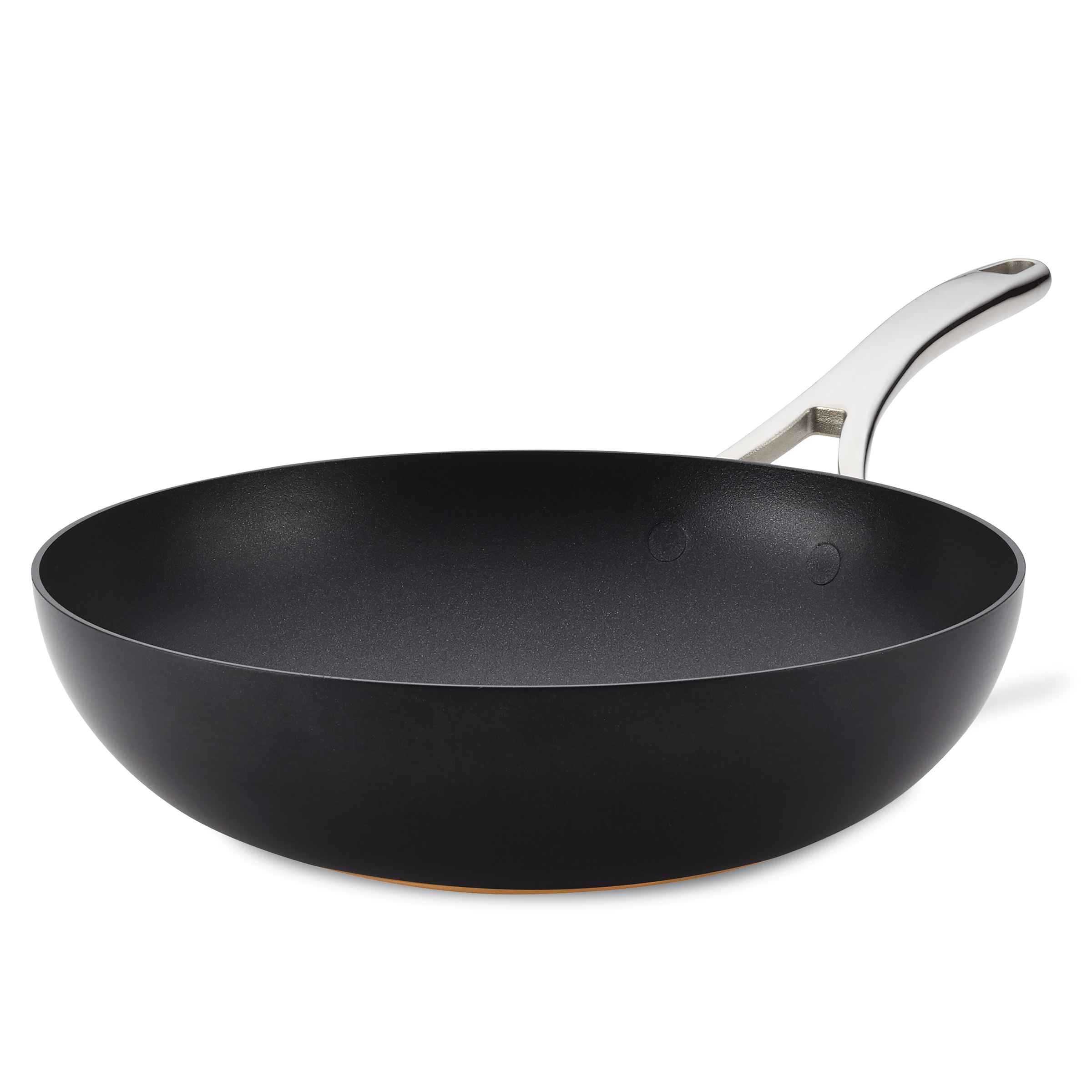 The Nouvelle Copper Luxe 12-Inch Stir Fry pan features a nonstick black surface, wide base, silver metal handle, and is induction suitable, shown on a plain white background.