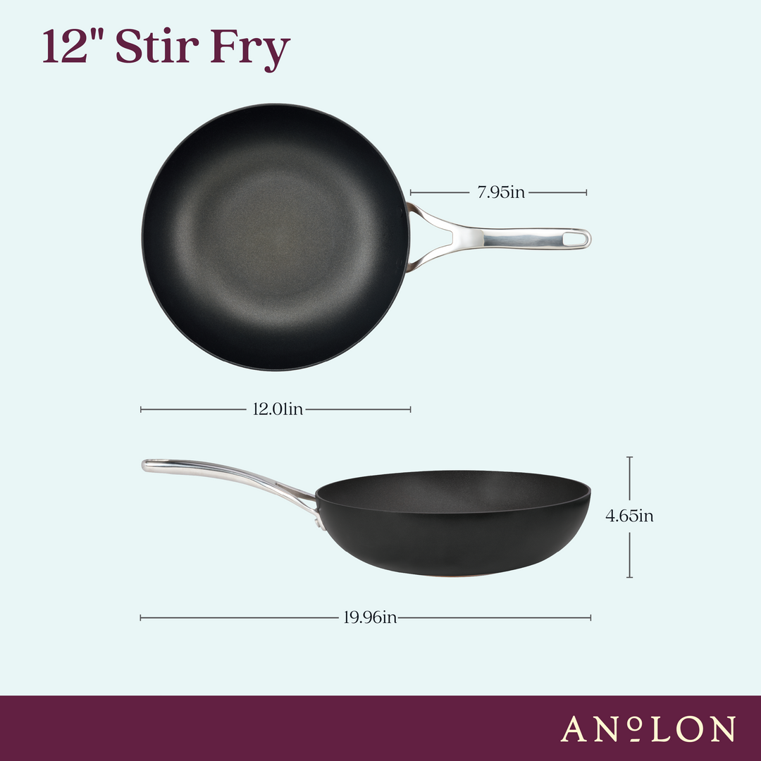Nouvelle Copper Luxe 12-Inch Stir Fry pan in black with a silver handle, induction ready. Measures 12.01" diameter, 4.65" tall, handle is 7.95", and total length is 19.96". Shown in top and side views.