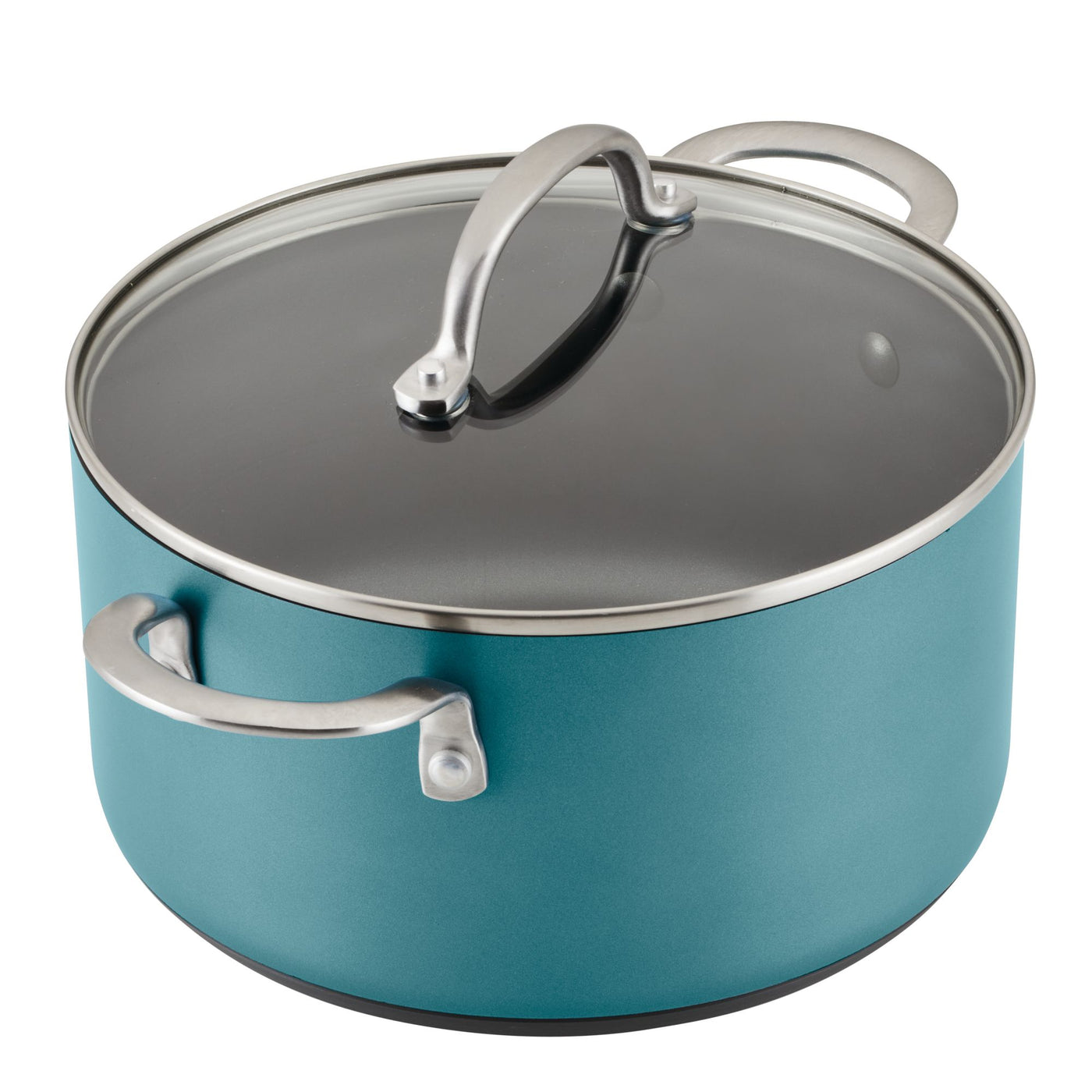 A teal saucepan with a glass lid and stainless steel handles. The pot is positioned at an angle with the lid on top, displaying a sleek and modern design.