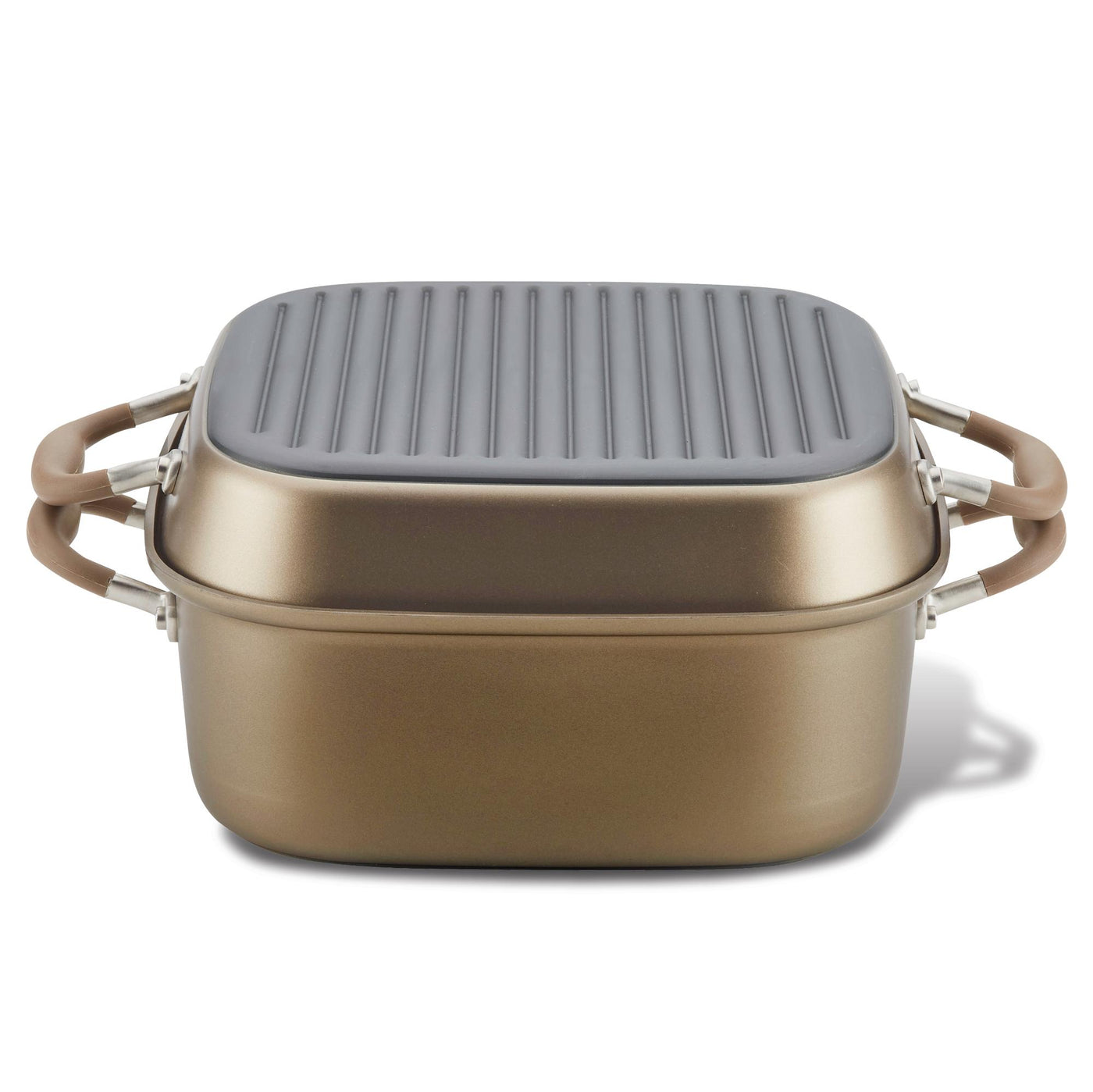 A metallic rectangular cooking pot with brown handles and a matching lid. The lid features a grooved design.