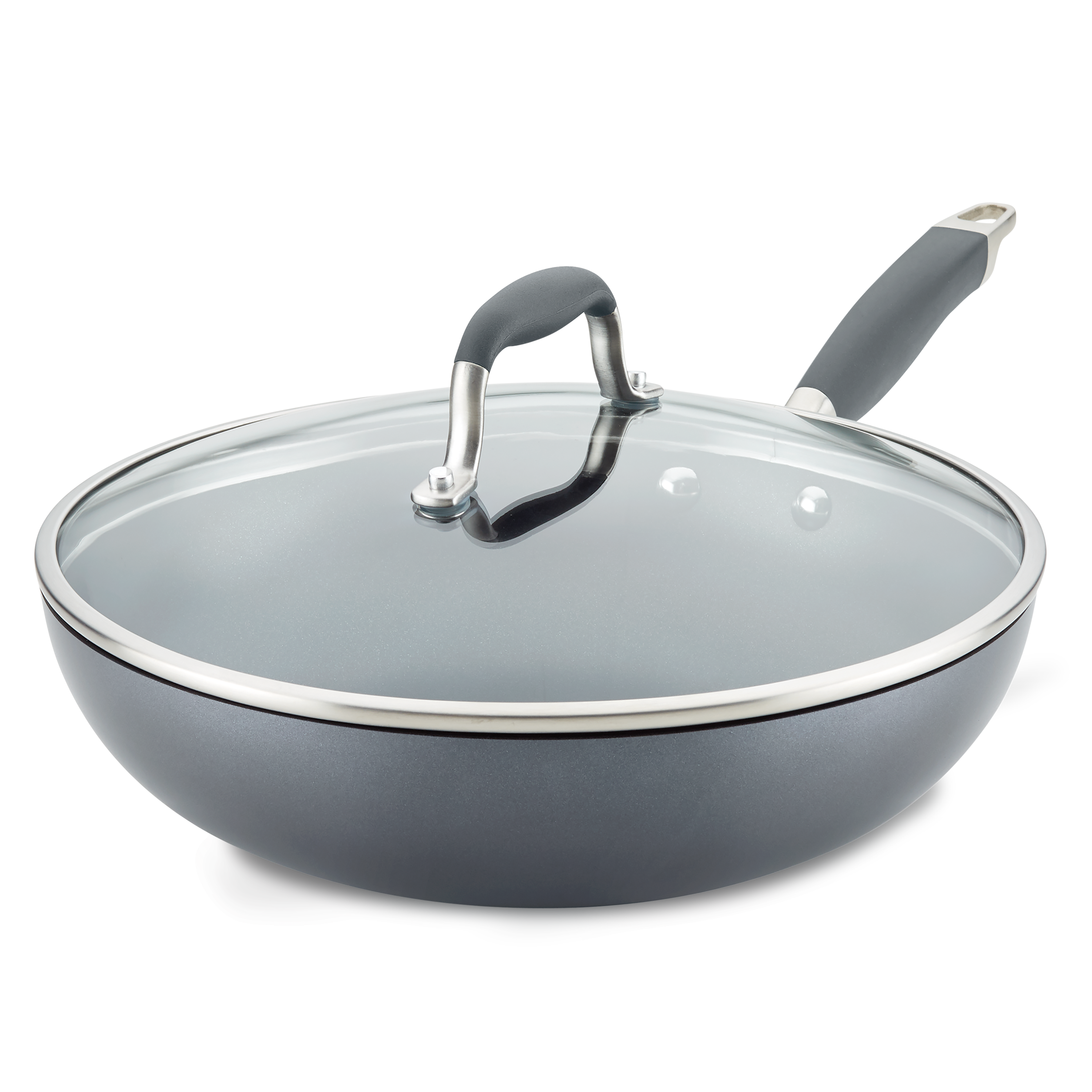 An Advanced Home 12-Inch Ultimate Stir Fry Pan, crafted from hard-anodized cookware, features a glass lid with metal rim and black handle, shown on a white background.