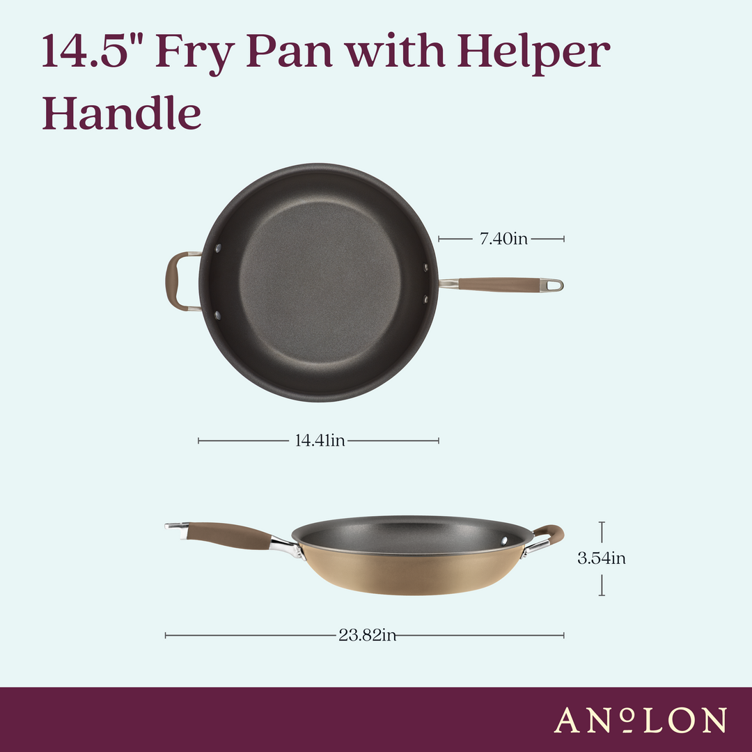 Discover the top and side view of the 14.5-Inch Open Skillet with Helper Handle by Advanced Home, constructed from hard-anodized aluminum for outstanding durability. This oven-safe skillet features nonstick capabilities, with a diameter of 14.4 inches and a height of 3.54 inches. The handles measure 7.40 and 23.82 inches long, showcasing a brown base and black interior design.
