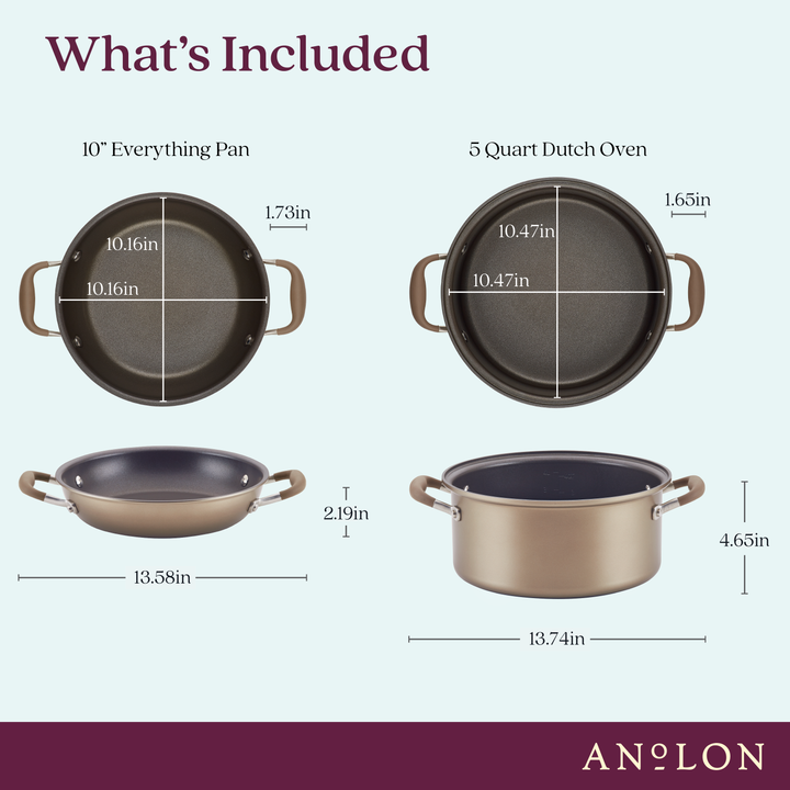 Image showcasing Advanced Home's Round Two Step Meal Set, featuring two types of nonstick cookware: a 10-inch Everything Pan with handles and a 5-quart Dutch Oven, complete with handles and a lid. The pan measures 13.58 inches across, while the oven is 13.74 inches wide and 4.65 inches tall, offering versatility for any culinary adventure.