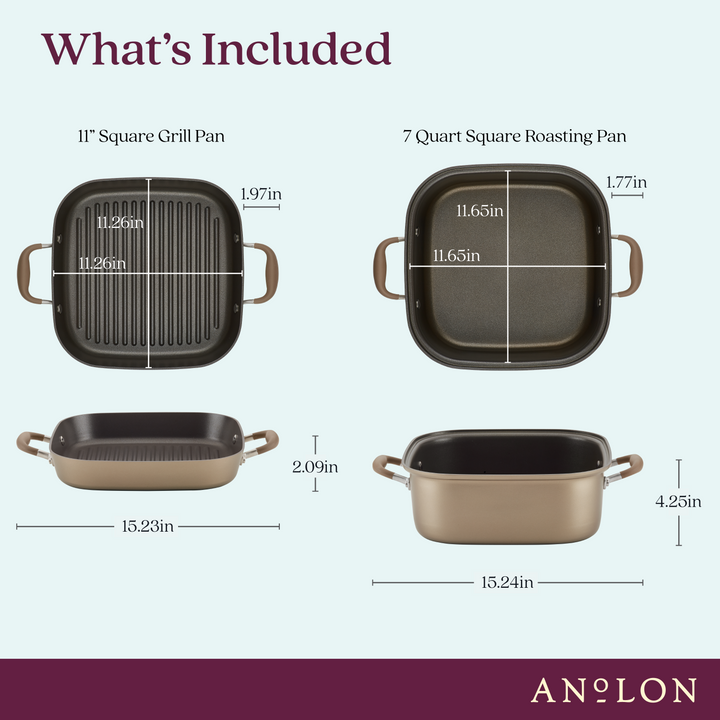 Image showcasing two cookware items from the Advanced Home collection: an 11" square grill pan and a 7-quart square roasting pan. Both boast stove-to-oven readiness with exceptional nonstick performance, displayed from top and side views with clearly labeled dimensions. The brand name Advanced Home is prominently visible at the bottom.