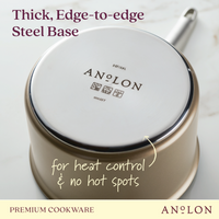 A close-up of the base of an Anolon saucepan, highlighting its thick, edge-to-edge steel construction. Text on the image reads, Thick, Edge-to-edge Steel Base for heat control & no hot spots. The Anolon logo is visible on the base.