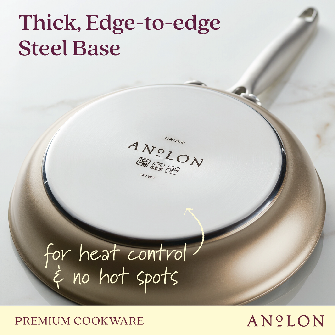 Image of a metal frying pan with an inscription on the bottom: Anolon, 12 Inch, Gourmet. Text overlays read Thick, Edge-to-edge Steel Base and for heat control & no hot spots. The bottom right corner has the brand name ANOLON.
