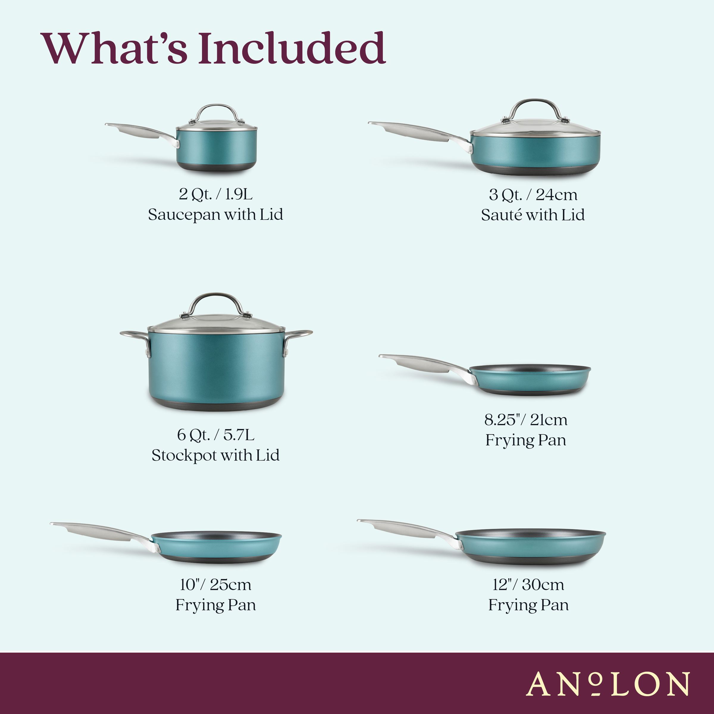 Image displaying a set of Anolon cookware. Includes a 2 qt saucepan with lid, 3 qt sauté pan with lid, 6 qt stockpot with lid, 8.25 frying pan, 10 frying pan, and 12 frying pan, all in blue with metal handles.