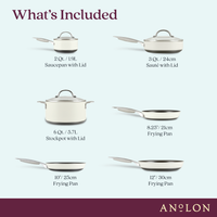 Image showing a set of Anolon cookware items, including a 2 Qt. saucepan with lid, 3 Qt. sauté pan with lid, 6 Qt. stockpot with lid, and three frying pans of sizes 8.25, 10 and 12. Each item is labeled with its capacity or size.