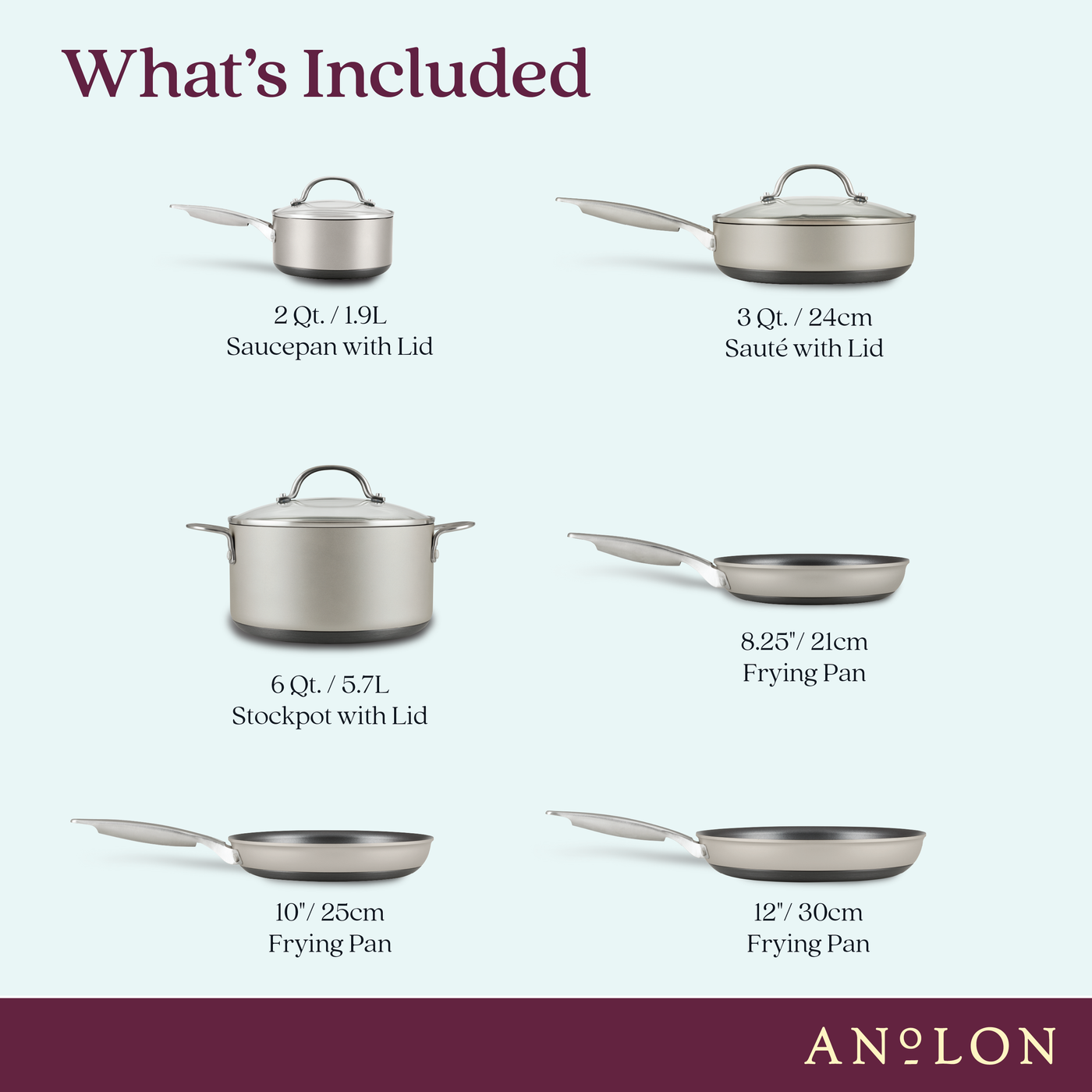 Image showing a six-piece cookware set from Anolon, including a 2 Qt. saucepan with lid, 3 Qt. sauté pan with lid, 6 Qt. stockpot with lid, 8.25 frying pan, 10 frying pan, and 12 frying pan against a light blue background.