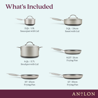 Image showing a six-piece cookware set from Anolon, including a 2 Qt. saucepan with lid, 3 Qt. sauté pan with lid, 6 Qt. stockpot with lid, 8.25 frying pan, 10 frying pan, and 12 frying pan against a light blue background.