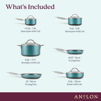 Anolon cookware set includes a 1.5 Qt./1.6L saucepan with lid, 3 Qt./2.8L saucepan with lid, 6 Qt./5.7L stockpot with lid, 8.25/21cm frying pan, 12/30cm frying pan, and 3 Qt./24cm sauté with lid.