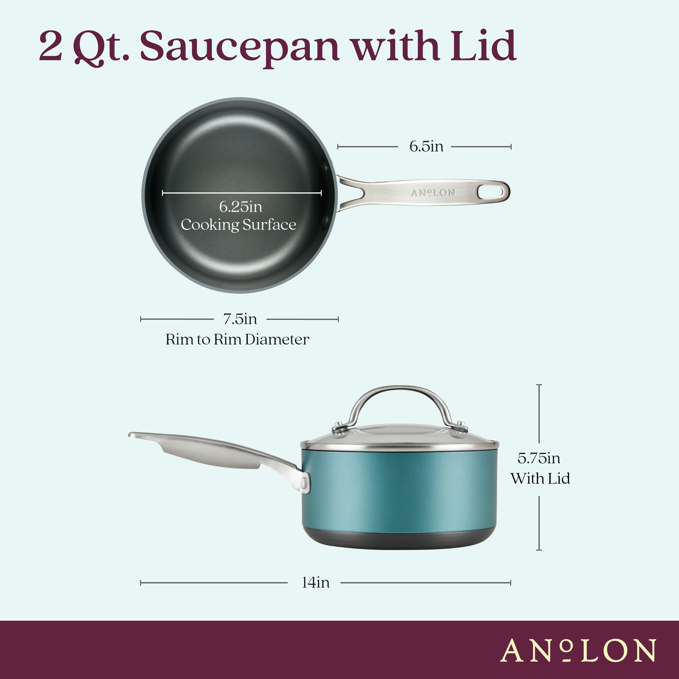 Illustration of a 2 Qt. saucepan with lid. Top view shows a 6.25 in cooking surface and 7.5 in rim-to-rim diameter. Side view displays 5.75 in height with lid and 14 in total length including the handle. Brand name at bottom right.