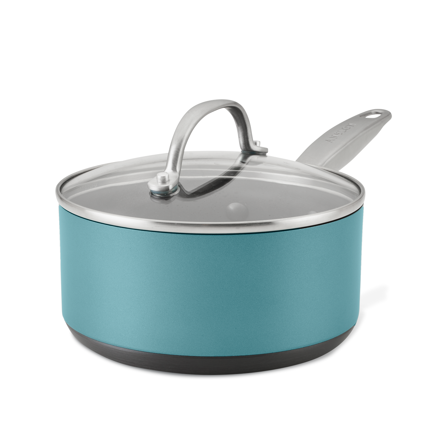 A teal saucepan with a glass lid and silver handle is isolated against a white background. The saucepan has a smooth finish and a sturdy, flat base.