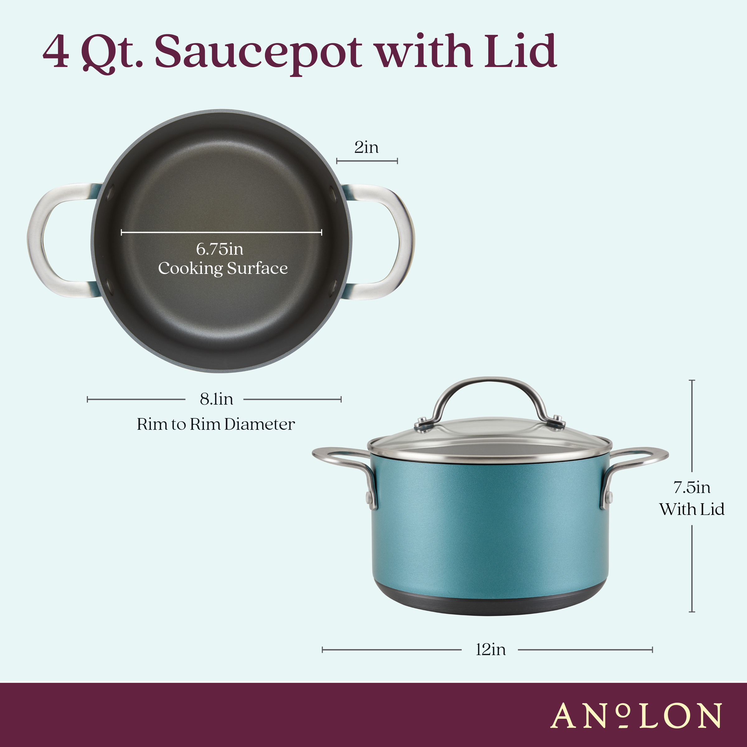A teal 4-quart saucepan with a lid is shown. The saucepan has a cooking surface of 6.75 inches, a rim-to-rim diameter of 8.1 inches, and is 7.5 inches tall with the lid. Two metal handles are visible on the sides.