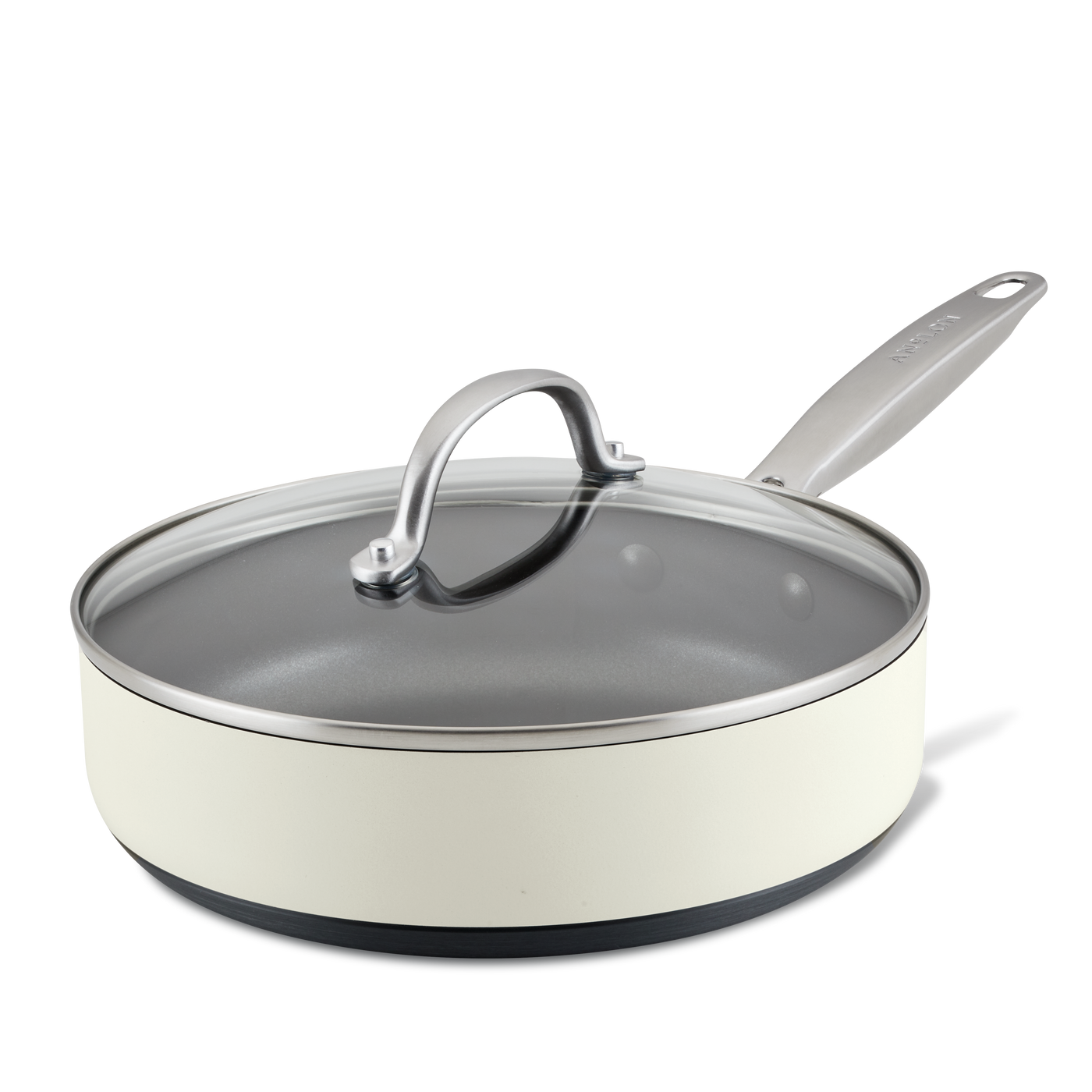 A cream-colored non-stick frying pan with a long handle and a transparent glass lid. The pan is set against a white background, showcasing its smooth surface and modern design.