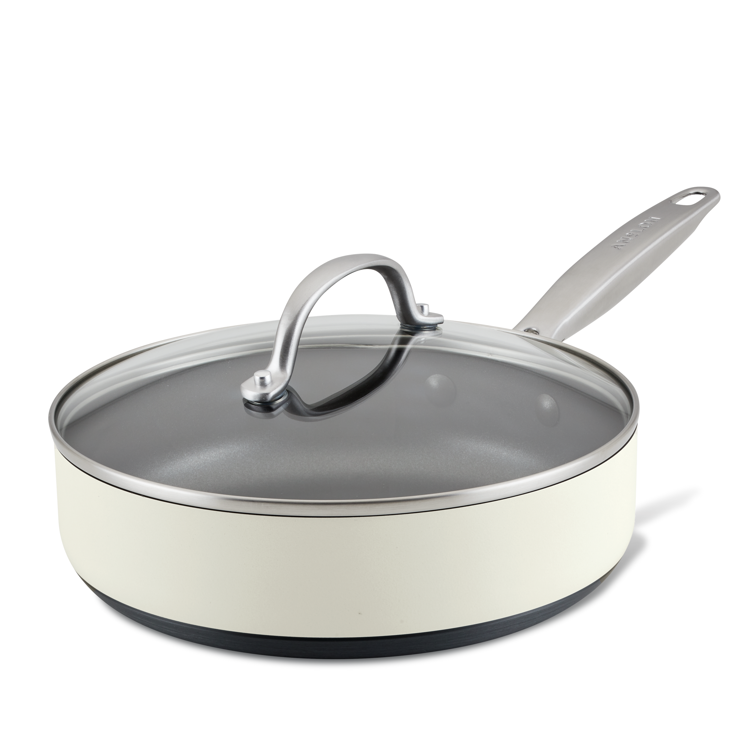 A cream-colored non-stick frying pan with a long handle and a transparent glass lid. The pan is set against a white background, showcasing its smooth surface and modern design.