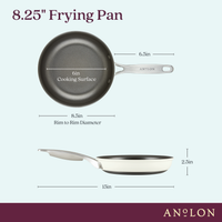 Image showing an Anolon frying pan with dimensions. The pan has an 8.5-inch rim-to-rim diameter, a 6-inch cooking surface, and is 2.5 inches high. The overall length including the handle is 15 inches.