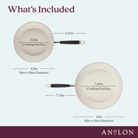 The image features Advanced Ceramics 2-Piece Nonstick Frying Pan Set: the smaller pan has a 5.5-inch cooking surface with an 8.5-inch rim-to-rim diameter, while the larger pan offers a 7.25-inch cooking surface and a 10-inch rim-to-rim diameter, ideal for any kitchen task.