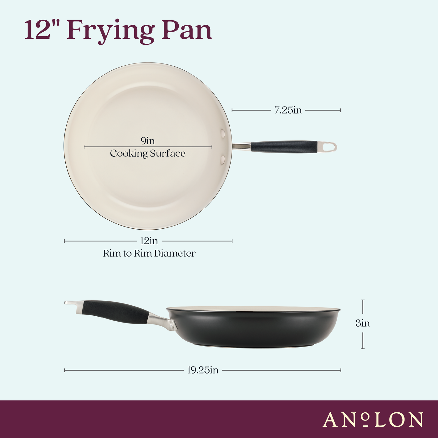 The 12-inch Advanced Ceramic Nonstick Frying Pan offers a 9 cooking surface, 12 rim-to-rim diameter, and a 7.25 black handle with the Advanced brand. It stands 3 tall and has an overall length of 19.25.