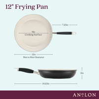 The 12-inch Advanced Ceramic Nonstick Frying Pan offers a 9 cooking surface, 12 rim-to-rim diameter, and a 7.25 black handle with the Advanced brand. It stands 3 tall and has an overall length of 19.25.