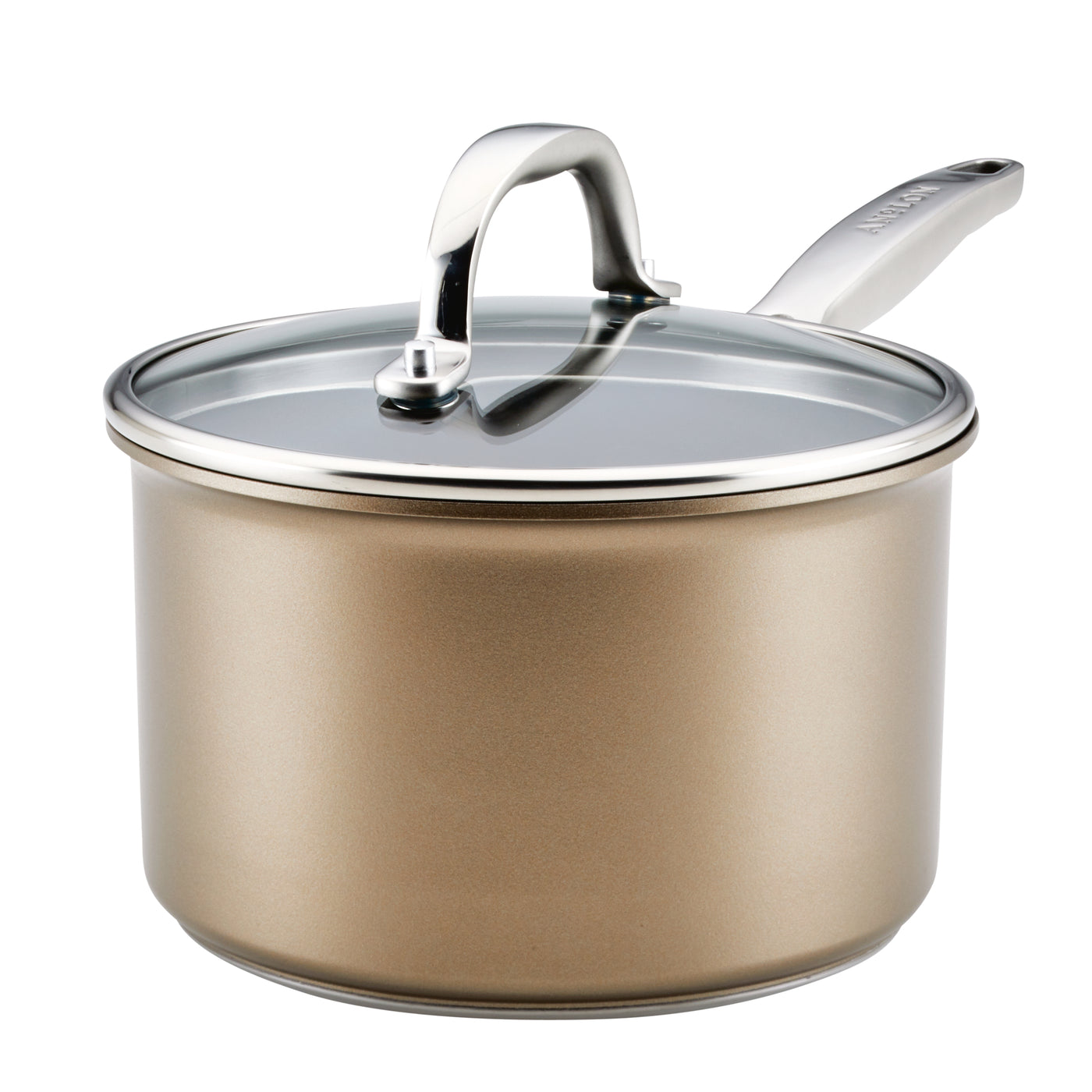 A gold-colored saucepan with a glass lid and a metal handle. The pot has a smooth, shiny surface, and the lid is adorned with a metallic knob for easy handling. The handle is ergonomically designed, attached to the pots side.