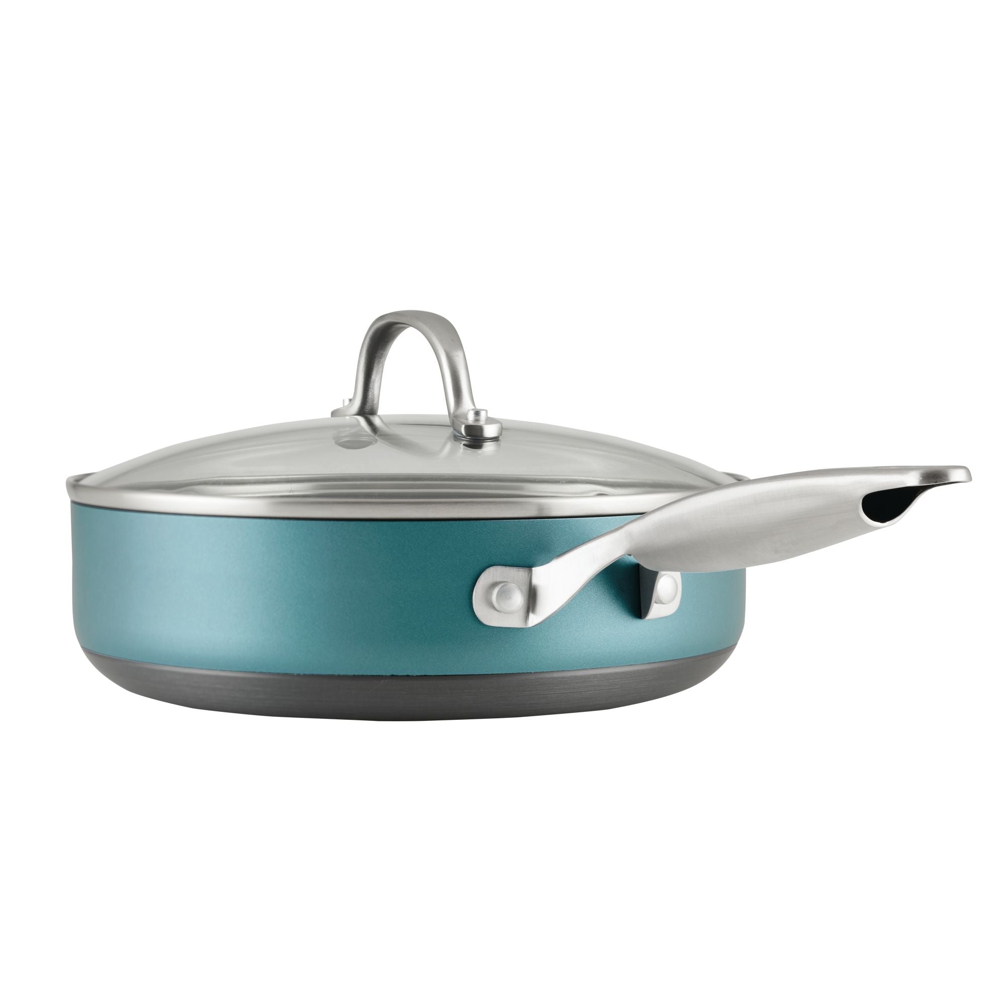 A teal frying pan with a gray handle and a transparent lid, shown from the side angle. The pan has a sleek design suitable for modern kitchens.