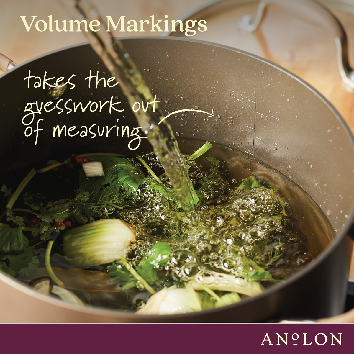 Volume markings, takes the guesswork out of measuring: water pouring into a bronze stockpot of fennel and herbs, with measurement lines inside