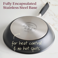 An Advanced Ceramic 2-Piece Nonstick Frying Pan Set is shown upside down on marble, showcasing the fully encapsulated stainless steel base. Handwritten text highlights for heat control & no hot spots, emphasizing quality performance.
