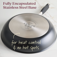 The Advanced Ceramic 12-inch nonstick frying pan, shown upside down on a light surface, has a fully encapsulated stainless steel base for superior heat control and a ceramic nonstick coating for easy cooking.