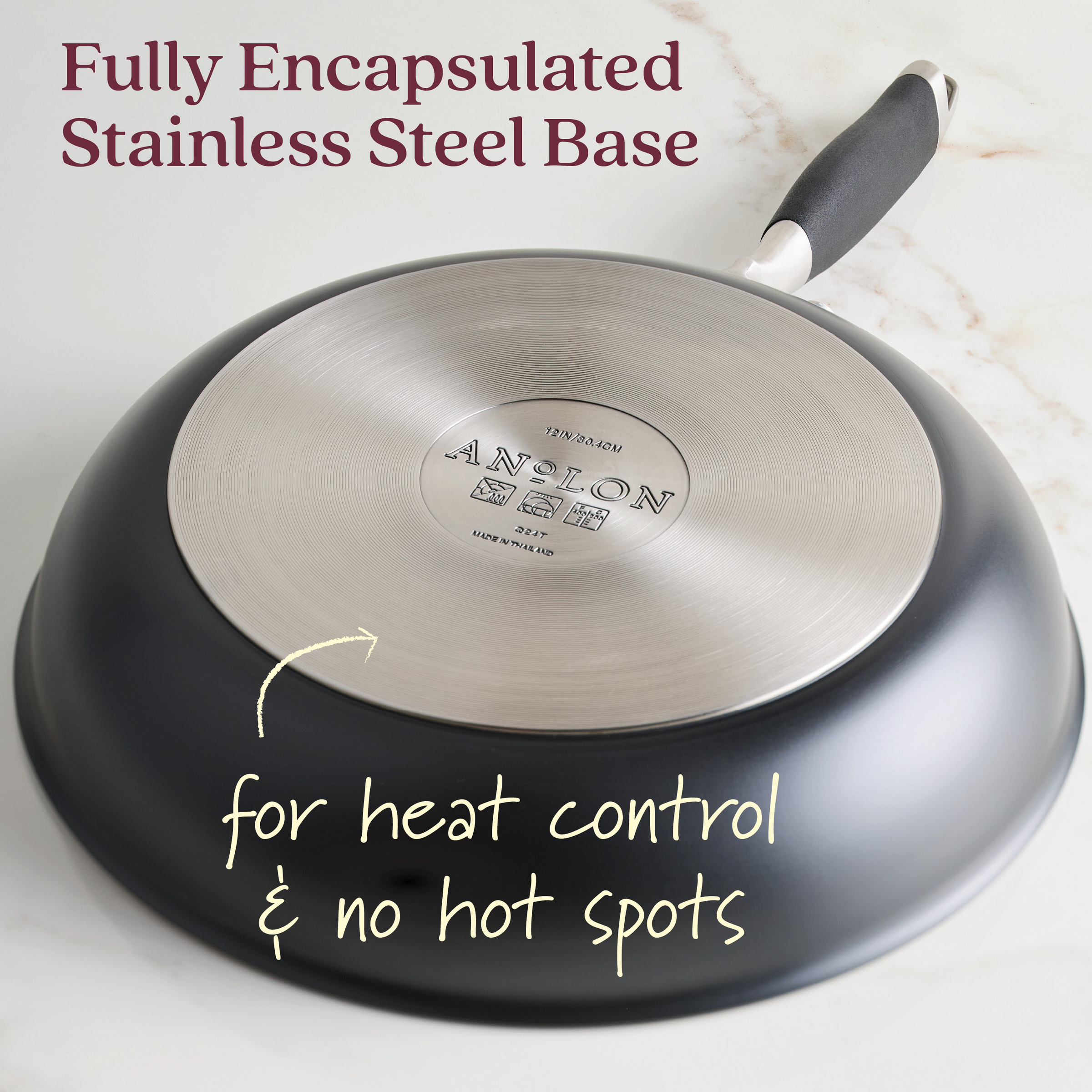 The Advanced Ceramic 12-inch nonstick frying pan, shown upside down on a light surface, has a fully encapsulated stainless steel base for superior heat control and a ceramic nonstick coating for easy cooking.