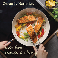 With tongs in hand, expertly cook salmon and vegetables in a 12-inch Advanced Ceramic Nonstick Frying Pan. It highlights Ceramic Nonstick technology for easy food release & cleanup. Lemon slices and herbs nearby add freshness to this cookware pioneer scene.