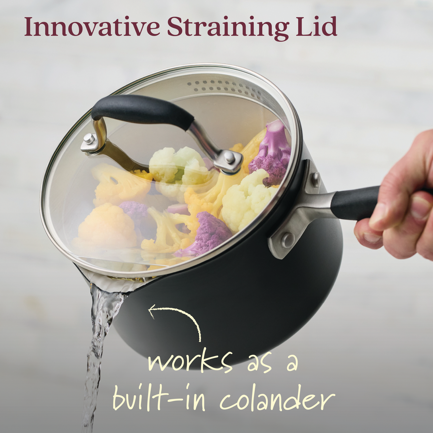 A hand tilts an Advanced Ceramic pot from the 10-Piece Ceramic Nonstick Cookware Set with a straining lid that allows water to drain but retains cauliflower and broccoli, acting as a built-in colander. The text reads Innovative Straining Lid and works as a built-in colander.
