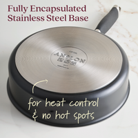 A frying pan from the Advanced Ceramic 10-Piece Nonstick Cookware Set, has a fully encapsulated stainless steel base, shown upside down on marble. The text reads, Fully Encapsulated Stainless Steel Base for heat control & no hot spots.