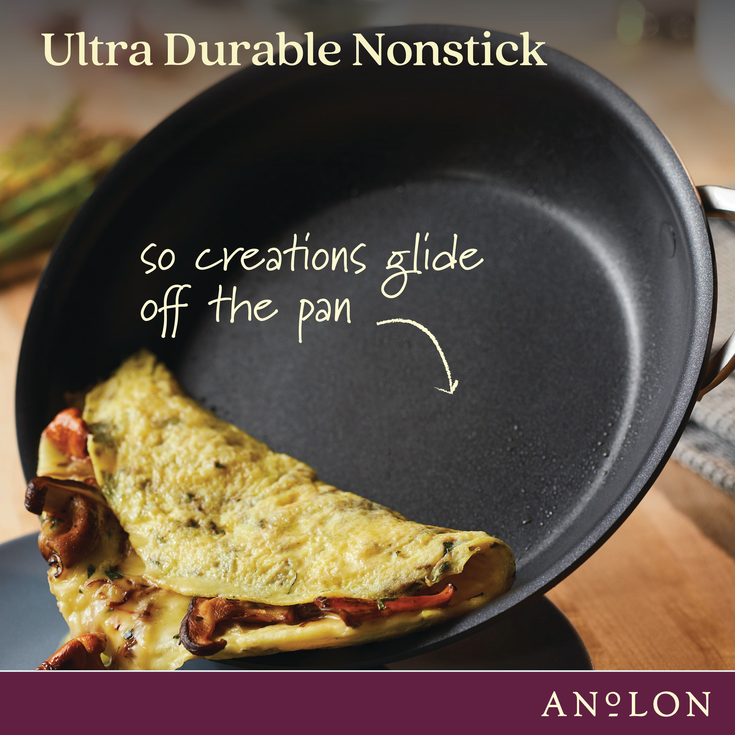 A close-up of a Nouvelle Luxe 8.5 & 10-Inch Frying Pan Set with an omelette gliding off its ultra durable nonstick surface. Text reads, Ultra Durable Nonstick for easy release. Nouvelle Luxe logo appears at the bottom. Induction cookware shown.