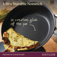 A hard-anodized Nouvelle Copper Luxe 12-Inch Stir Fry pan with an omelet sliding out easily, showing its ultra-durable nonstick surface. Handwritten text says, so creations glide off the pan. Induction suitable. Premium Cookware branding shown.