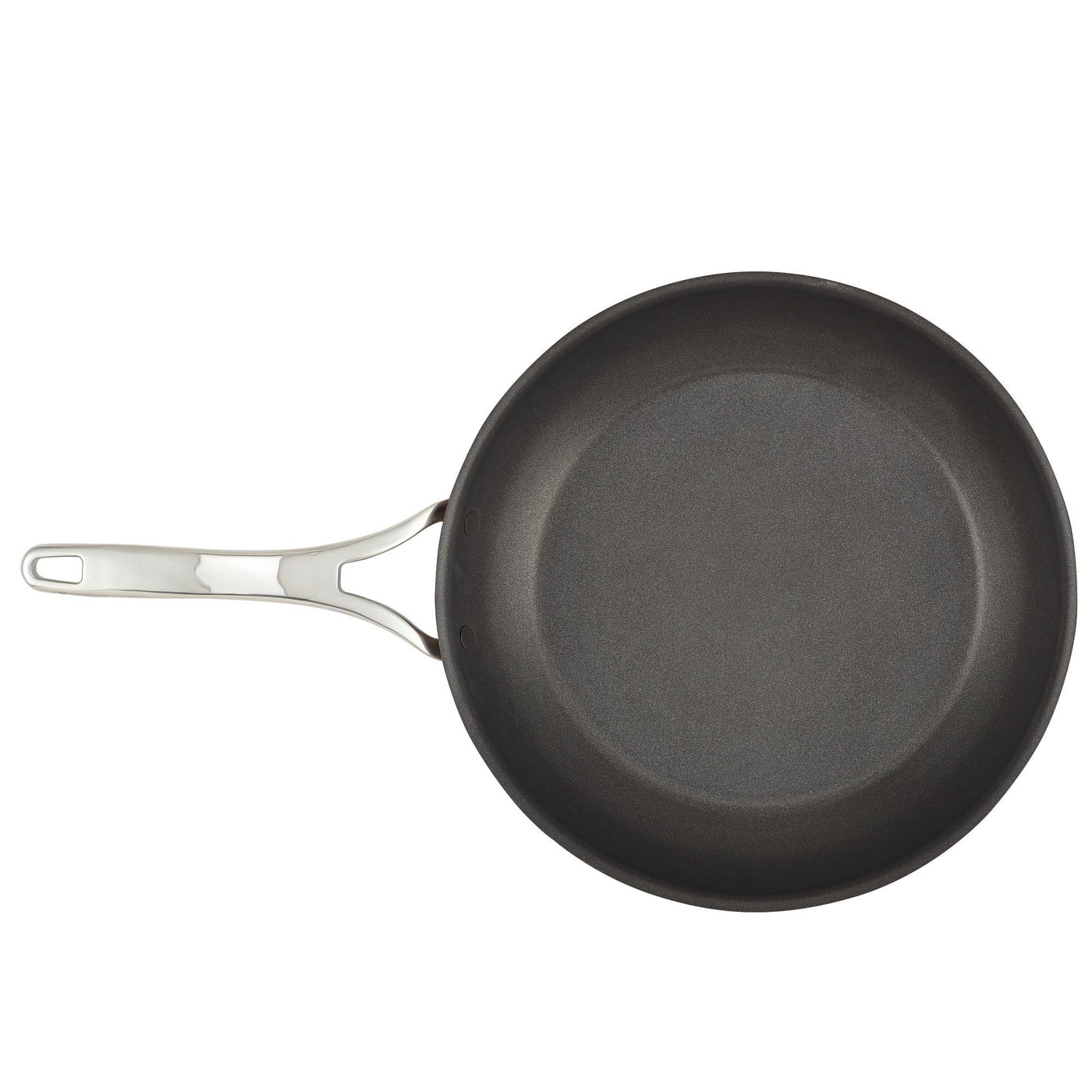 A nonstick frying pan with a silver handle is shown against a plain white background. The pan is round and appears unused, with a smooth black surface. The handle has a hole at the end for hanging.